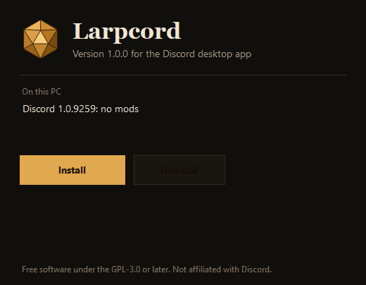 The Larpcord Setup window: it lists the Discord install it found and has Install and Uninstall buttons.
